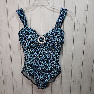 Miraclesuit Women's Size 8 Blue Black Animal Print Tummy Control Swimsuit.